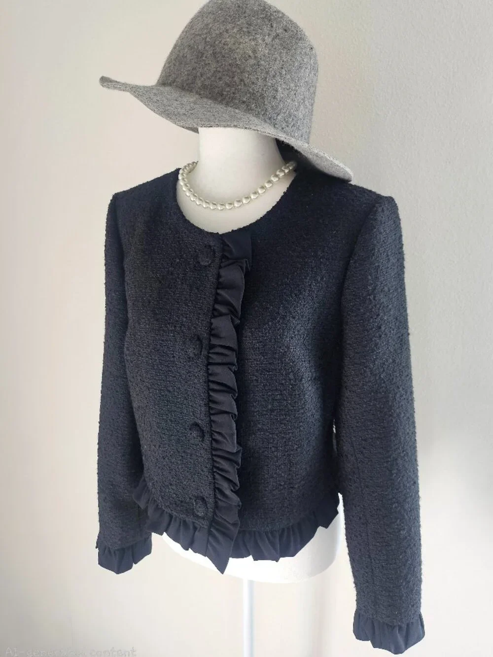 CeCe NWT Black Tweed Ruffle Trim Cropped Jacket Size 8 - Picture 6 of 16